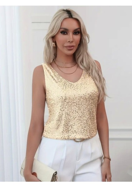 Pul Payetli Sıfır Kol Bluz -Altın modelleri