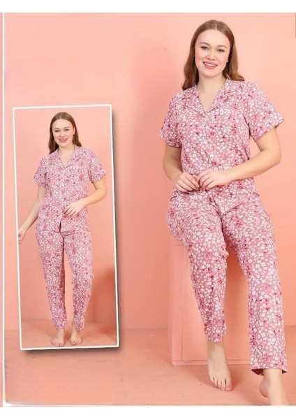 Önü Düğmeli V Yaka Kısa Kollu Pijama Takımı -Pembe