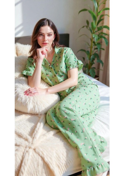 Yeşil Çiçekli Yaz Esintili Pijama Takımı 7345 fırsatları
