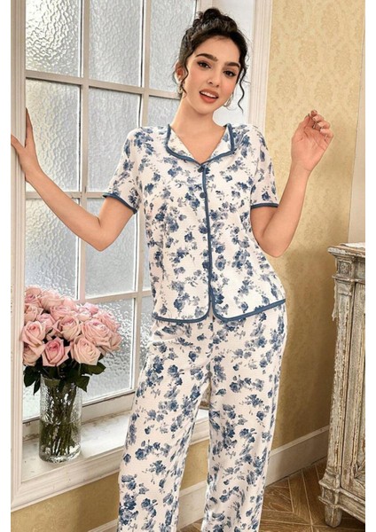 Mavi Çiçekli Düğme Detaylı Yazlık Pijama Takımı 7347