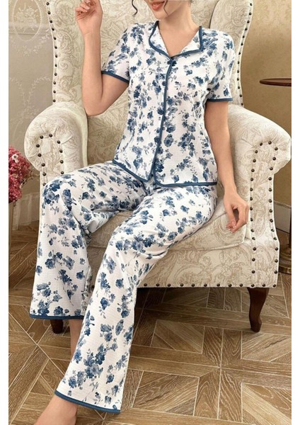 Mavi Çiçekli Düğme Detaylı Yazlık Pijama Takımı 7347 fiyatları