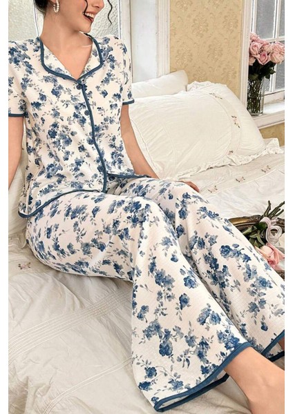Mavi Çiçekli Düğme Detaylı Yazlık Pijama Takımı 7347 modelleri