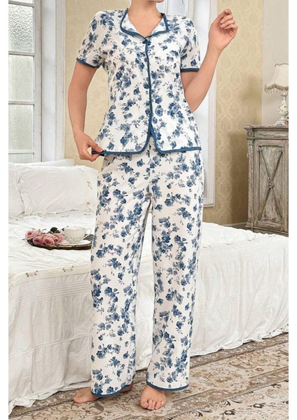 Mavi Çiçekli Düğme Detaylı Yazlık Pijama Takımı 7347 indirimleri