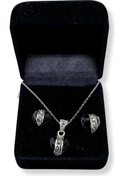 Oniks Kalp Üzeri Markazit Işıltılı Gümüş Set&takım