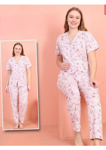 V Yaka Kısa Kollu Çiçek Desenli Pijama Takımı -Lila
