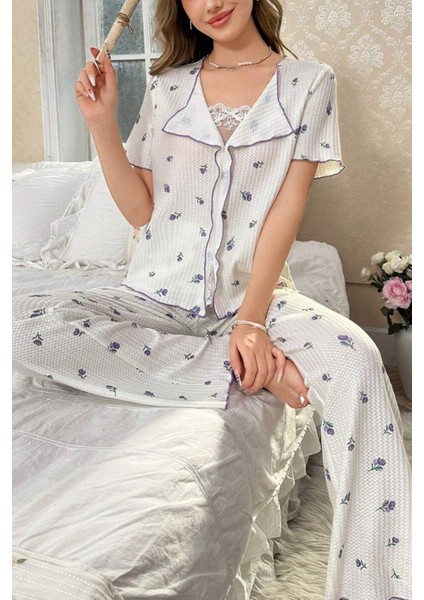 Beyaz Mor Lale Desenli Romantik Pijama Takımı 7335