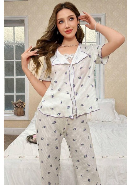 Beyaz Mor Lale Desenli Romantik Pijama Takımı 7335 modelleri
