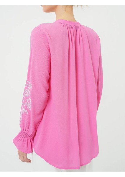 Yakası Bağlamalı Kolu Nakışlı Lastikli Gömlek -Pembe fiyatları