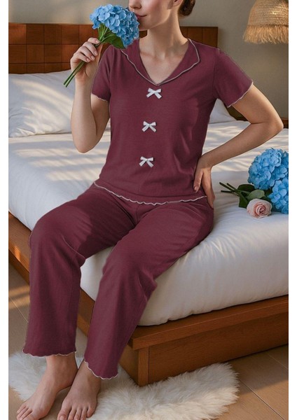 Bordo Kısa Kollu Fiyonk Detaylı Pamuklu Pijama Takımı 7349