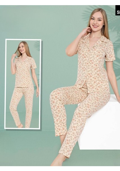 Gül Desenli Düğmeli Pijama Takımı -Somon