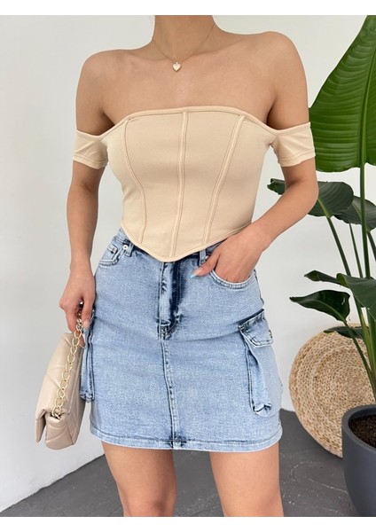 Sırt Fermuarlı Omuz Detaylı Korse Crop -Bej