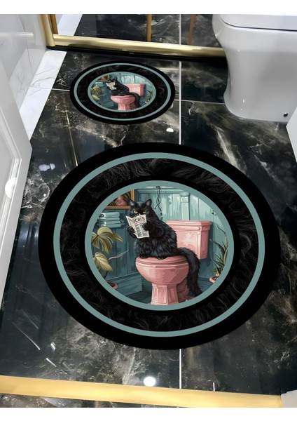 |banyo ve Tuvalet Yuvarlak Paspası Gazete Okuyan Kedi Motifi Modern |yvrlkpsps