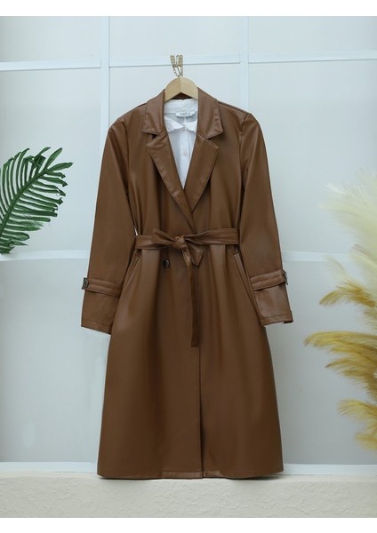 Kemerli Yan Cepli Deri Trenckot -Taba