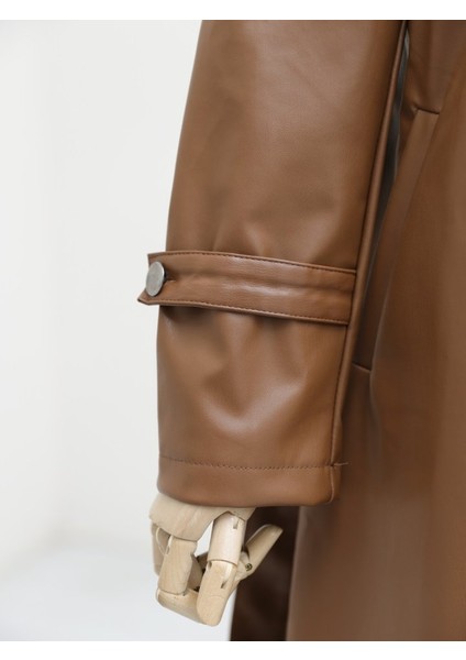 Kemerli Yan Cepli Deri Trenckot -Taba fiyatları