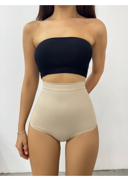 Silikonlu Uzun Bel Slip Korse -Krem