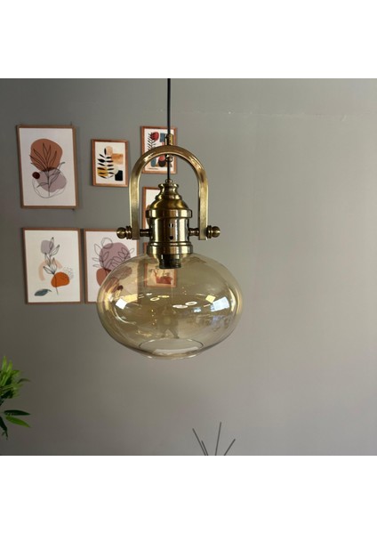 Solvia Cam Bal Rengi Tekli Avize Delikli Eskitme Başlık Retro Sarkıt Lamba Salon Aydınlatma