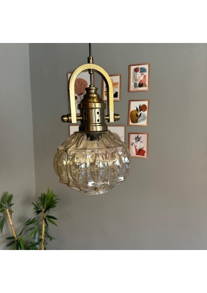 Şila Cam Bal Rengi Tekli Avize Delikli Eskitme Başlık Retro Sarkıt Lamba Salon Aydınlatma