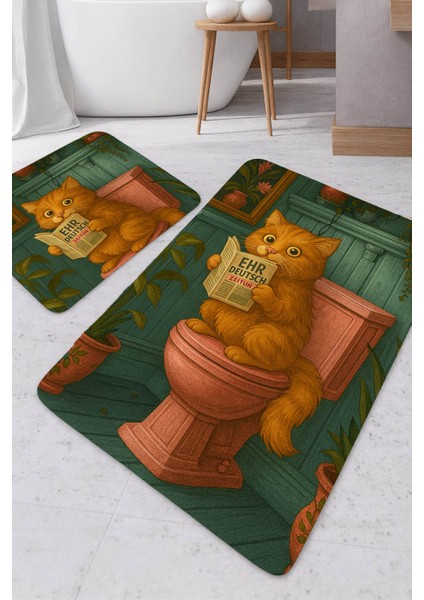 |banyo ve Tuvalet Paspası Gazete Okuyan Sarman Kedi Motifi Modern Tasarım|paspas