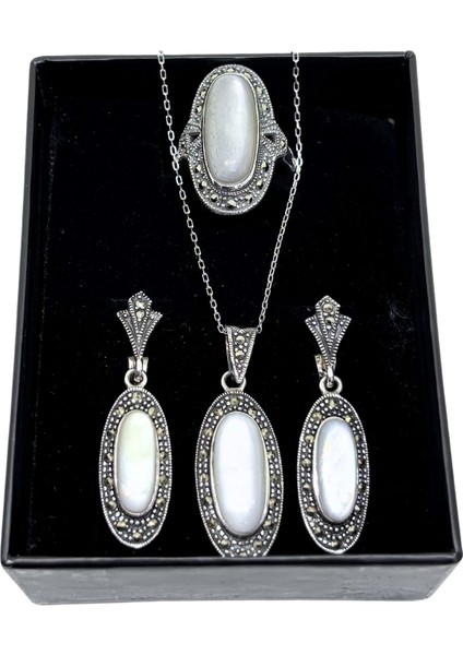 Işıltılı Markazit Çevrili Oval Sedef Gümüş Set&takım