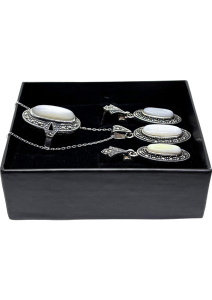 Işıltılı Markazit Çevrili Oval Sedef Gümüş Set&takım fiyatları