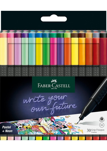 Grip Keçe Uçlu Seti, 30 Lu, Pastel ve Neon Renkler, 0.4 mm Uç, Metal Destekli, Ergonomik Üçgen Gövde