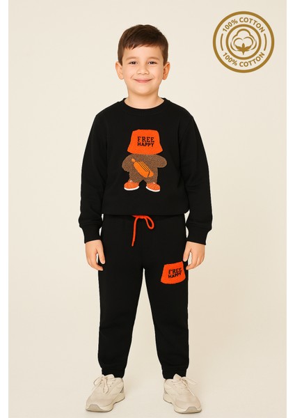 Erkek Çocuk %100 Pamuk Free Happy Süzene Nakışlı Paça Lastikli Trend Takım - 2146