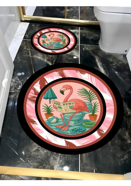 |banyo ve Tuvalet Yuvarlak Paspası Gazete Okuyan Pembe Flamingo Motifi Modern |yvrlkpsps