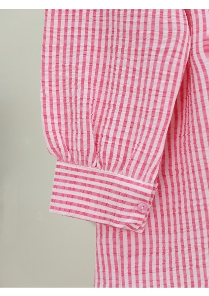 Boydan Düğmeli Bağcıklı Çizgili Bürümcük Gömlek -Pembe fiyatları