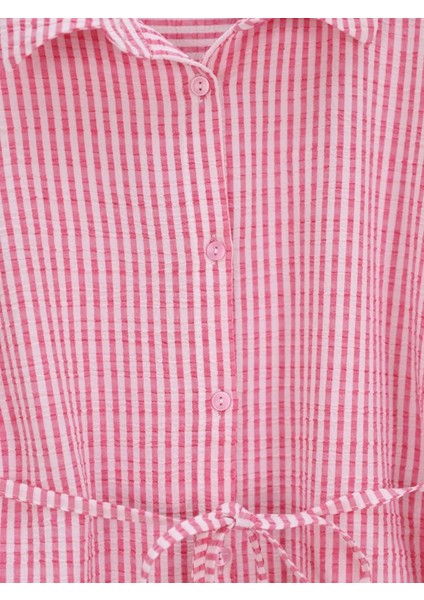 Boydan Düğmeli Bağcıklı Çizgili Bürümcük Gömlek -Pembe modelleri