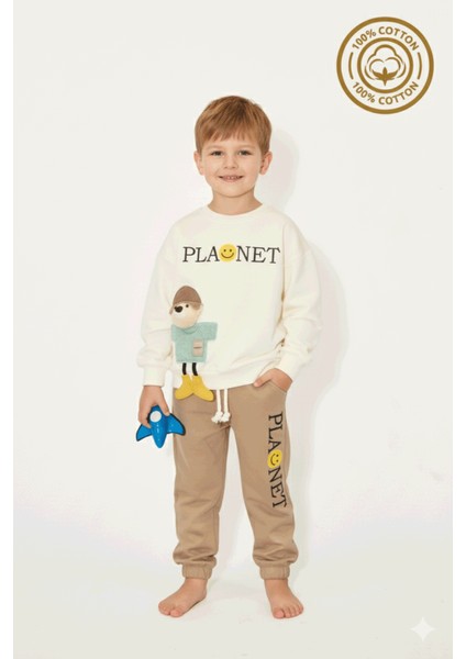 Erkek Çocuk %100 Pamuk Planet Nakışlı Ayıcık Aksesuarlı Eşofman Takım - 2149
