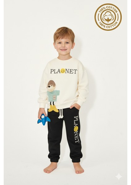 Erkek Çocuk %100 Pamuk Planet Nakışlı Ayıcık Aksesuarlı Eşofman Takım - 2149