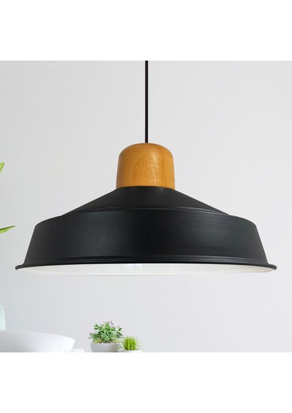 Asaletli Siyah Iç Beyaz Tekli Avize Ahşap Başlık Retro Sarkıt Lamba Restoran Salon Aydınlatma