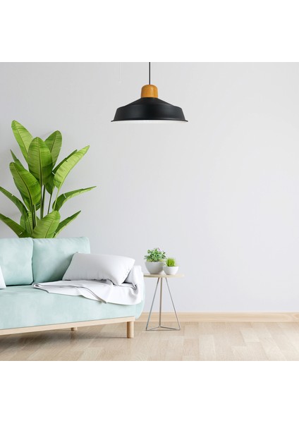 Asaletli Siyah Iç Beyaz Tekli Avize Ahşap Başlık Retro Sarkıt Lamba Restoran Salon Aydınlatma modelleri