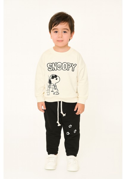 Erkek Çocuk %100 Pamuk Snoopy Nakışlı Paça Lastikli Trend Takım - 2148