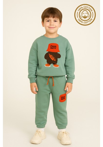 Erkek Çocuk %100 Pamuk Free Happy Süzene Nakışlı Paça Lastikli Trend Takım - 2146