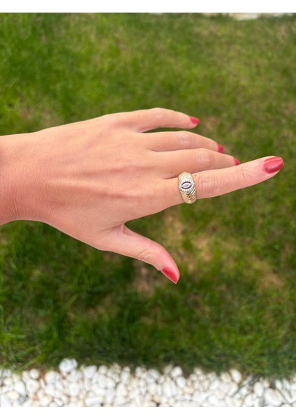 Damla Zirkon Taş Detaylı Göz Model Tasarım Gold Ayarlanabilir Yüzük