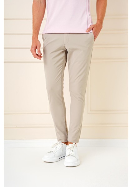 Slim Fit Yan Cepli Düz Esnek Casual Koyu Bej Pantolon P 1144