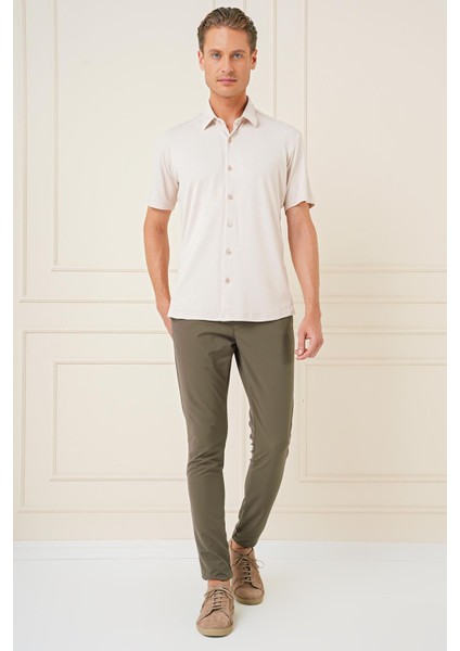 Slim Fit Yan Cepli Düz Esnek Casual Haki Pantolon P 1144