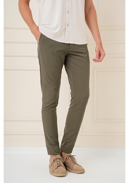 Slim Fit Yan Cepli Düz Esnek Casual Haki Pantolon P 1144