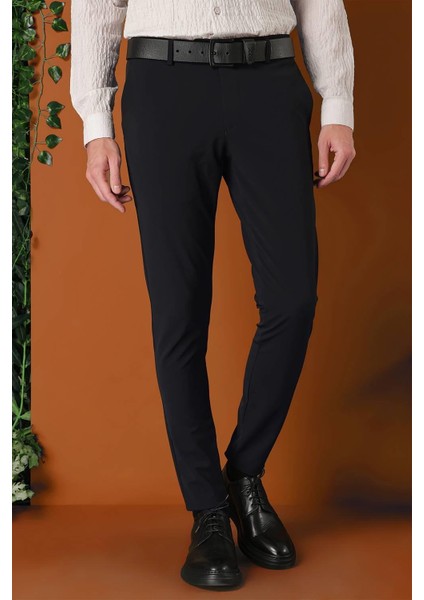 Slim Fit Yan Cepli Düz Esnek Casual Siyah Pantolon P 1144