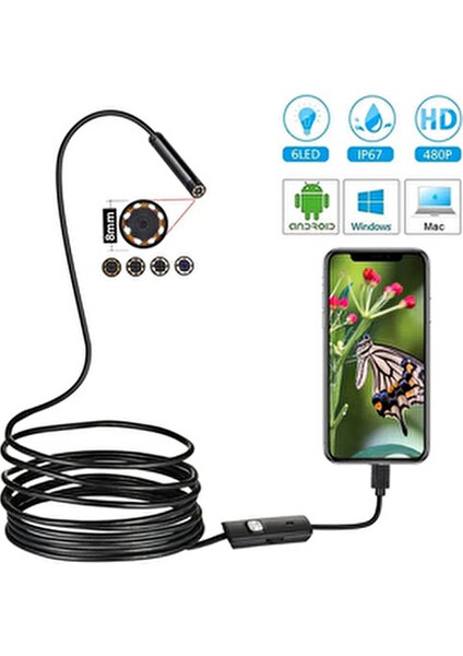 Endoskop Yılan Kamera 5 Metre Su Geçirmez Gece Görüşlü USB Uyumlu 7mm indirimleri