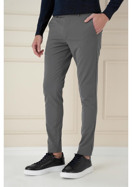 Slim Fit Yan Cepli Düz Esnek Casual Füme Pantolon P 1144