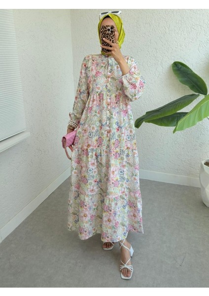 Yarım Düğmeli Kolu Lastikli Çiçek Baskılı Elbise -G.kurusu