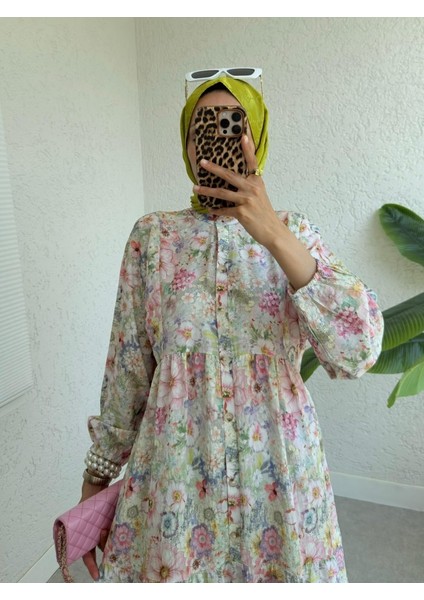 Yarım Düğmeli Kolu Lastikli Çiçek Baskılı Elbise -G.kurusu fiyatları