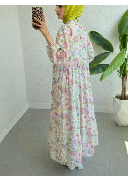 Yarım Düğmeli Kolu Lastikli Çiçek Baskılı Elbise -G.kurusu modelleri
