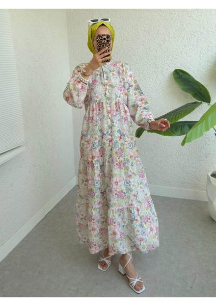 Yarım Düğmeli Kolu Lastikli Çiçek Baskılı Elbise -G.kurusu fırsatları