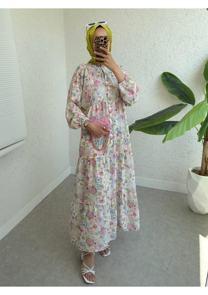 Yarım Düğmeli Kolu Lastikli Çiçek Baskılı Elbise -G.kurusu indirimleri