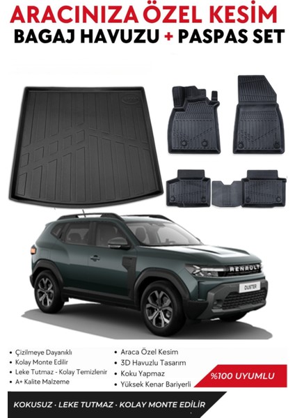 Renault Duster 2024-2025 Model Bagaj Havuzu+Paspas Takımı Full Takım