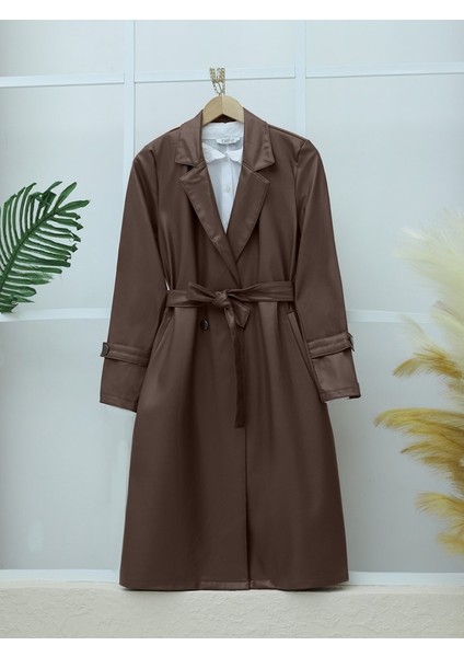 Kemerli Yan Cepli Deri Trenckot -Kahve