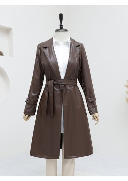 Kemerli Yan Cepli Deri Trenckot -Kahve fiyatları